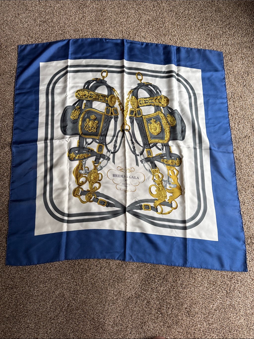 Hermes Brides De Gala Inspired Navy Silk Scarf With Gold & Gray Harness Motif